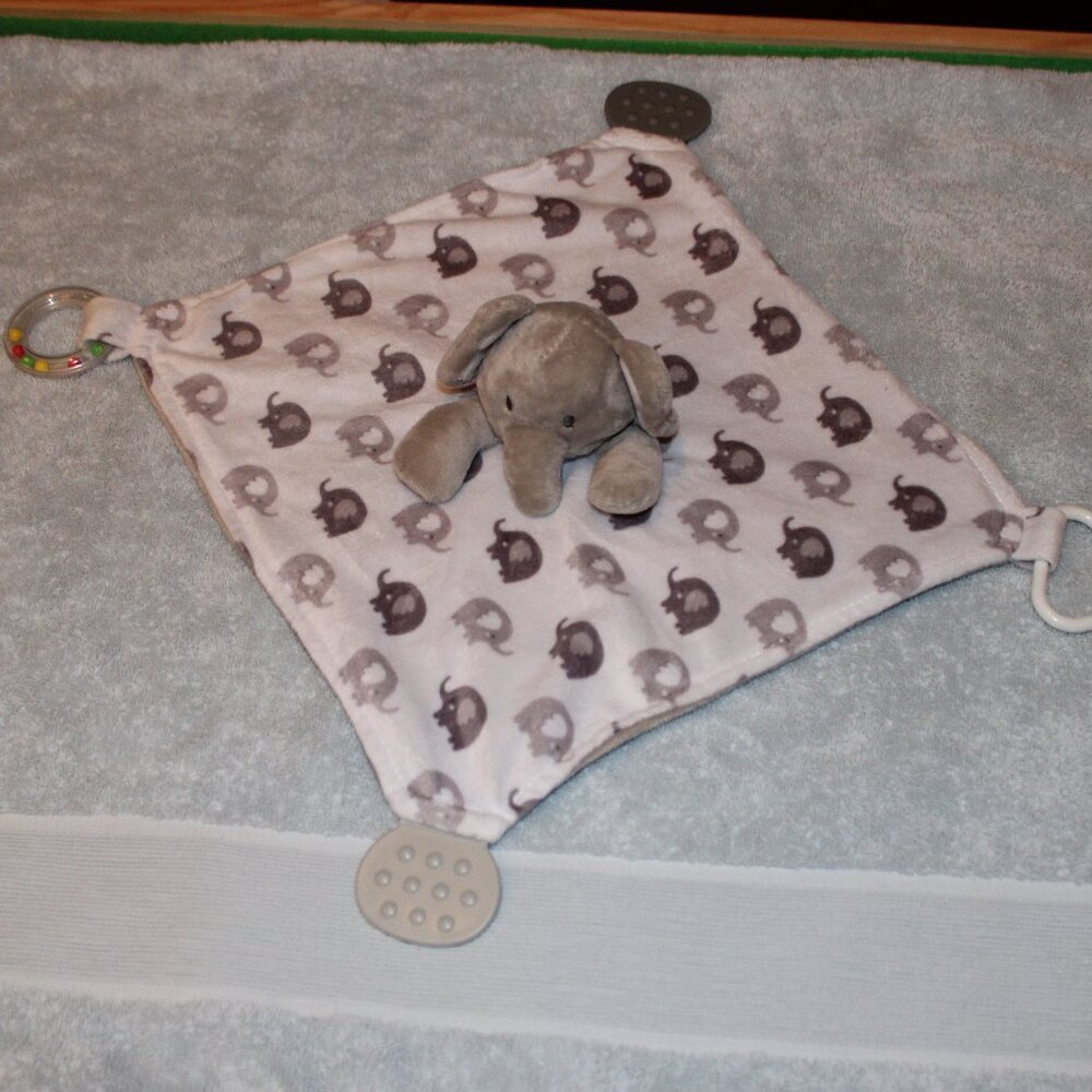 Modern Baby Elephant Lovey Plush Teether Rattle Snuggle Blankie Gray 12”